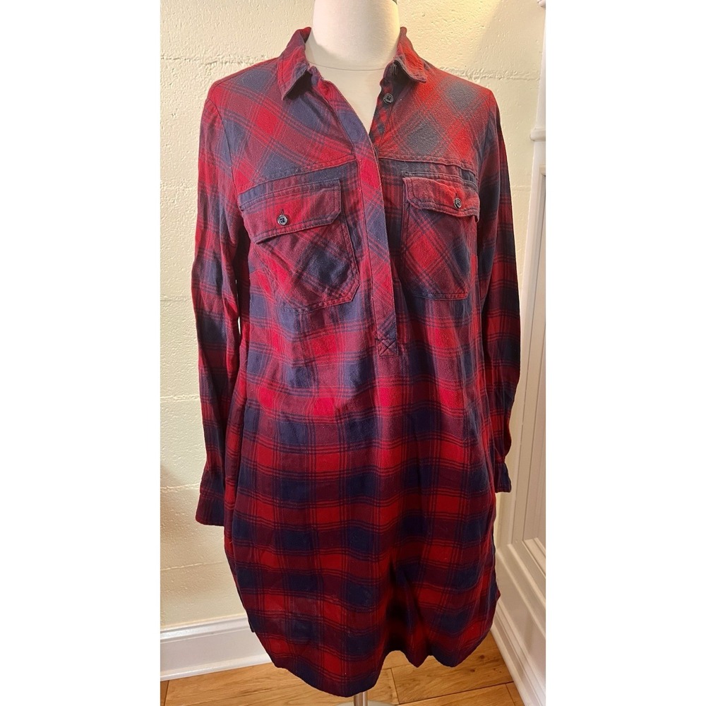 J.CREW Shirt Dress Womens Size XS Red Navy Plaid‎ Pockets Long Sleeve Collared